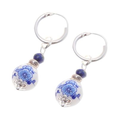 Alternate image for Traditional Floral Lapis Lazuli and Ceramic Dangle Earrings Noble Duo