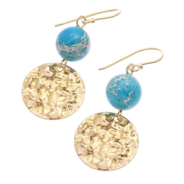 Alternate image for Reconstituted Turquoise Bead and Brass Coin Dangle Earrings Golden Coin in Turquoise