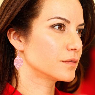 Alternate image for Handblown Leafy Pink and White Glass Dangle Earrings Tender Foliage