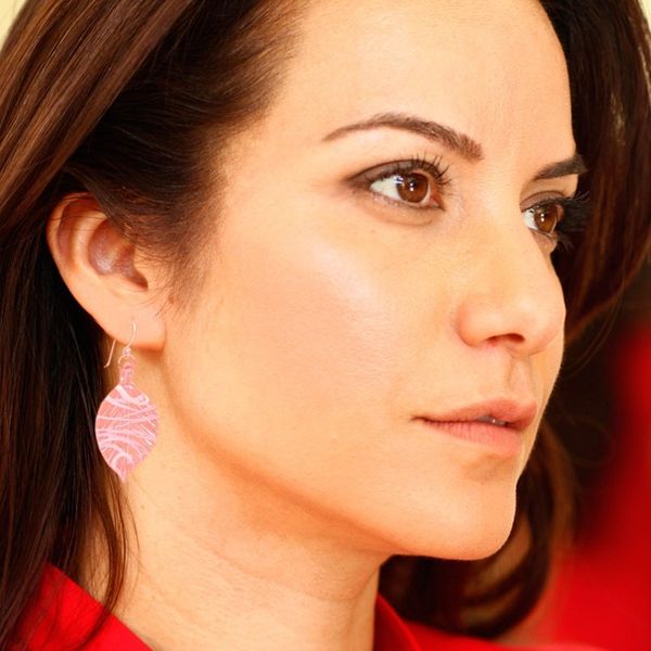 Alternate image for Handblown Leafy Pink and White Glass Dangle Earrings Tender Foliage