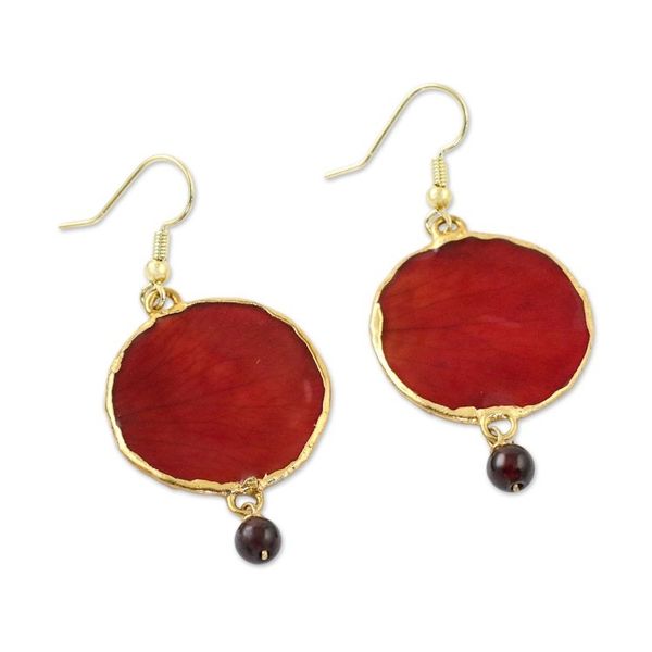 Alternate image for Garnet and Gold Plated Natural Rose Petal Dangle Earrings Red Rose of Autumn