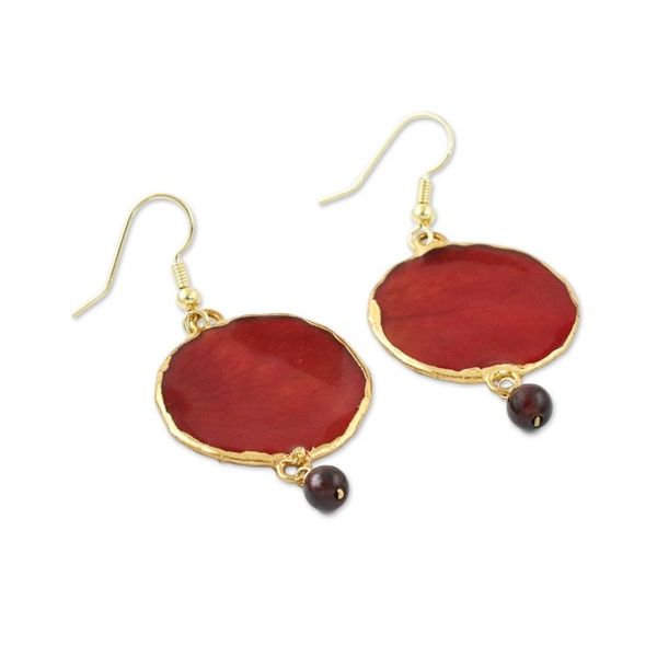 Alternate image for Garnet and Gold Plated Natural Rose Petal Dangle Earrings Red Rose of Autumn