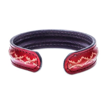 Alternate image for Diamond Pattern Leather Cuff Bracelet in Red from Thailand Thai Pattern in Red