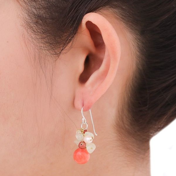 Alternate image for Handcrafted Pearl Carnelian Prehnite Cluster Earrings Spicy Peach