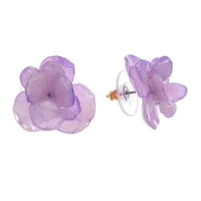Alternate image for Thai Resin Coated Purple Hydrangea Bloom Post Earrings Purple Hydrangea