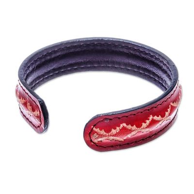 Alternate image for Diamond Pattern Leather Cuff Bracelet in Red from Thailand Thai Pattern in Red