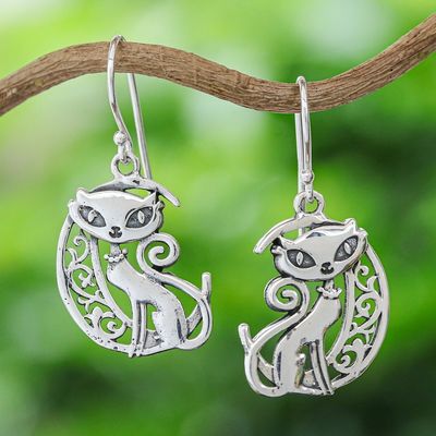 Alternate image for Sterling Silver Cat and Moon Dangle Earrings from Thailand Feline Night