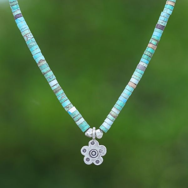 Alternate image for Floral Reconstitued Turquoise Silver Pendant Necklace Arcadia Flower