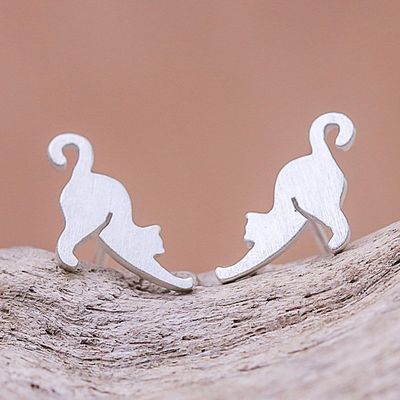 Alternate image for Sterling Silver Cat Stud Earrings from Thailand Feline Stretch