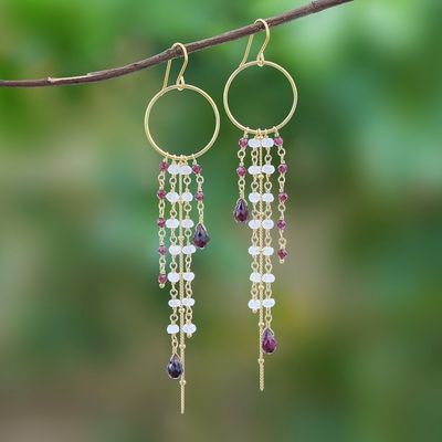 Alternate image for Gold Plated Garnet and Rainbow Moonstone Waterfall Earrings Luxurious Rain