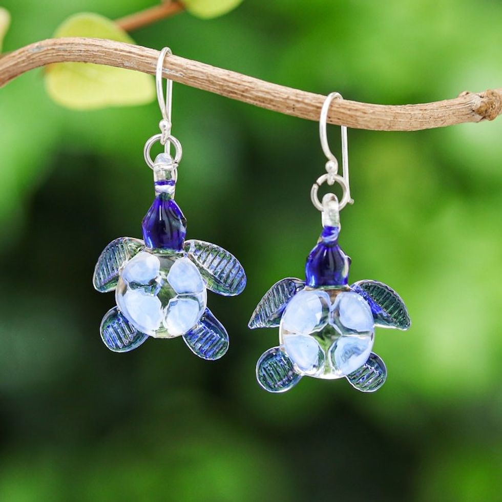 Handblown Glass Turtle Dangle Earrings from Thailand 'Turtle Glam'