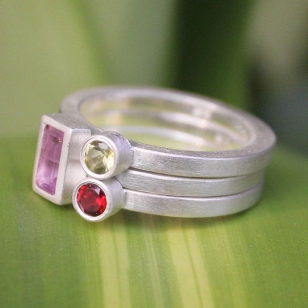 Alternate image for Unique Silver and Amethyst Stacking Rings Set of 3 Gemstone Geometry