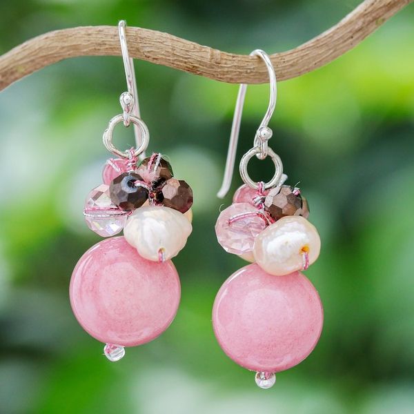 Alternate image for Pink Quartz and Pearl Dangle Earrings Crafted in Thailand Pink Summer