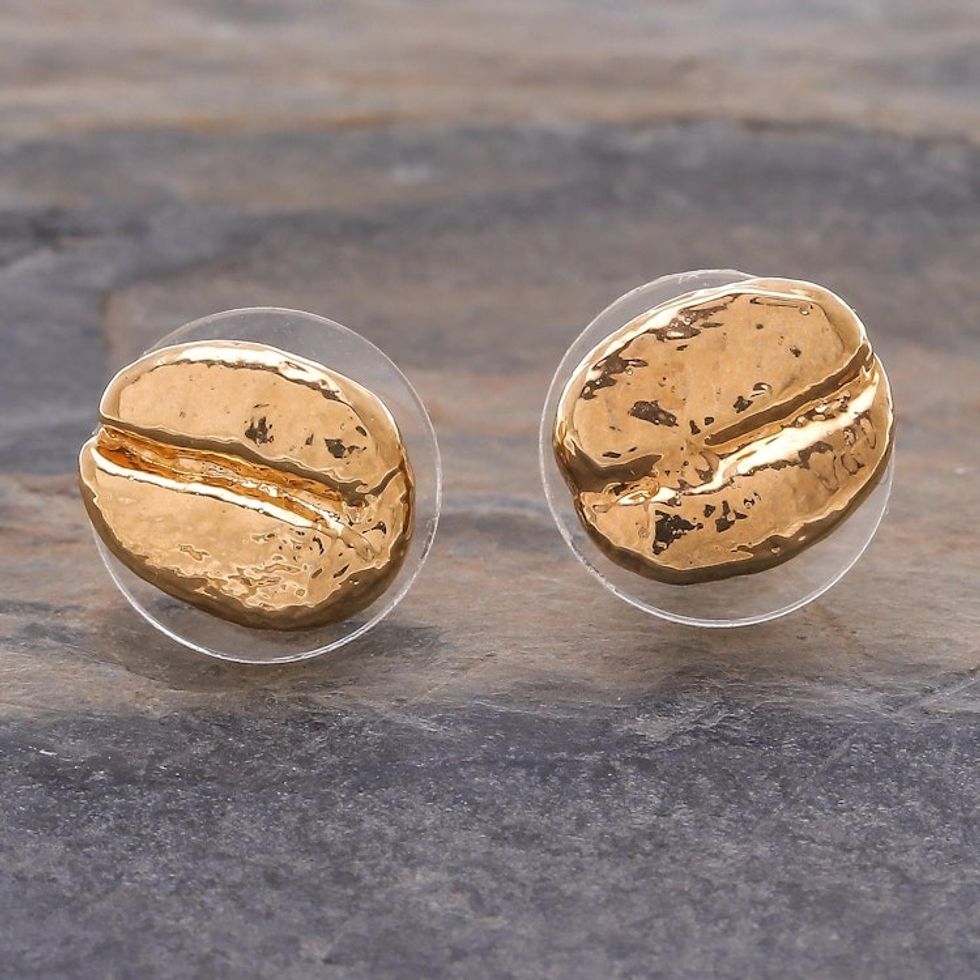 Gold plated natural coffee bean button earrings 'Morning Sunshine'