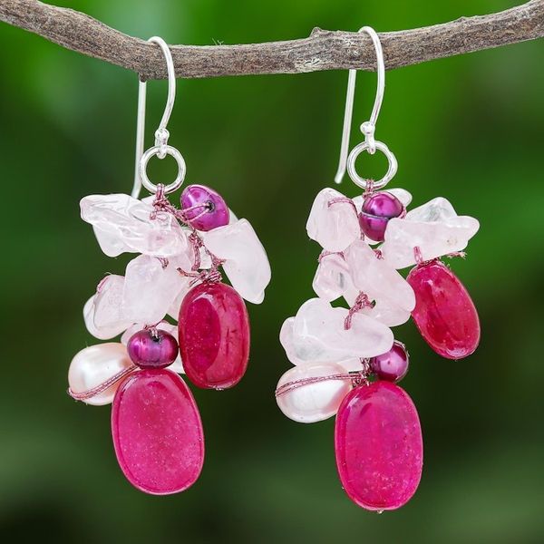 Alternate image for Rose Quartz Freshwater Pearl Dangle Earrings Magenta Balloon