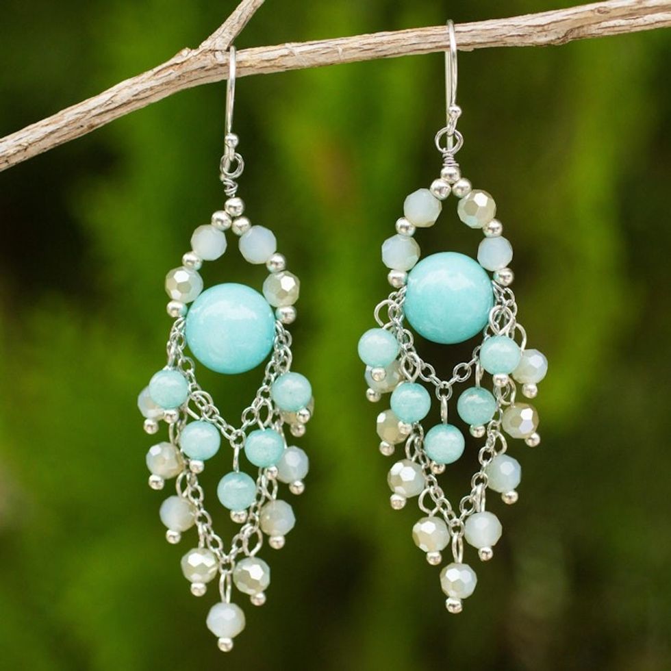 Beaded Chandelier Earrings with Blue Quartz and Glass Beads 'Brilliant Meteor'