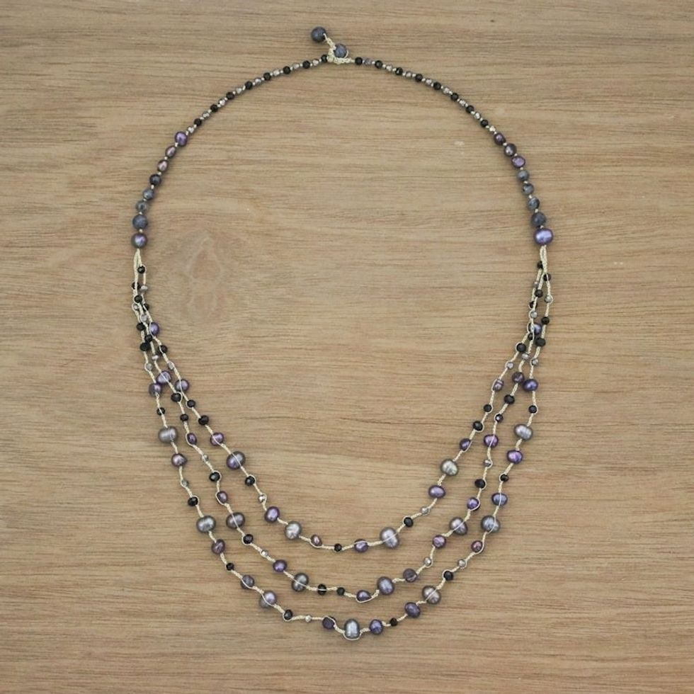 Cultured Pearl and Quartz Beaded Necklace from Thailand 'Festive Holiday in Black'