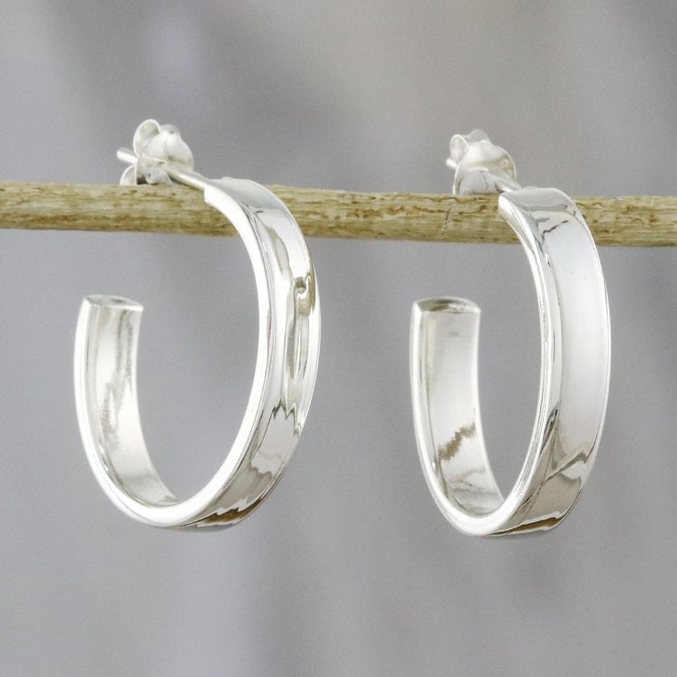 High-Polish Sterling Silver Half-Hoop Earrings from Thailand 'Shiny Curves'