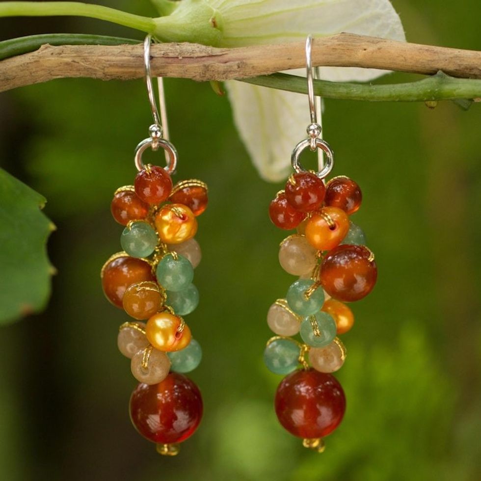 Thailand Yellow Pearl Carnelian Quartz Cluster Earrings 'Golden Vineyard'