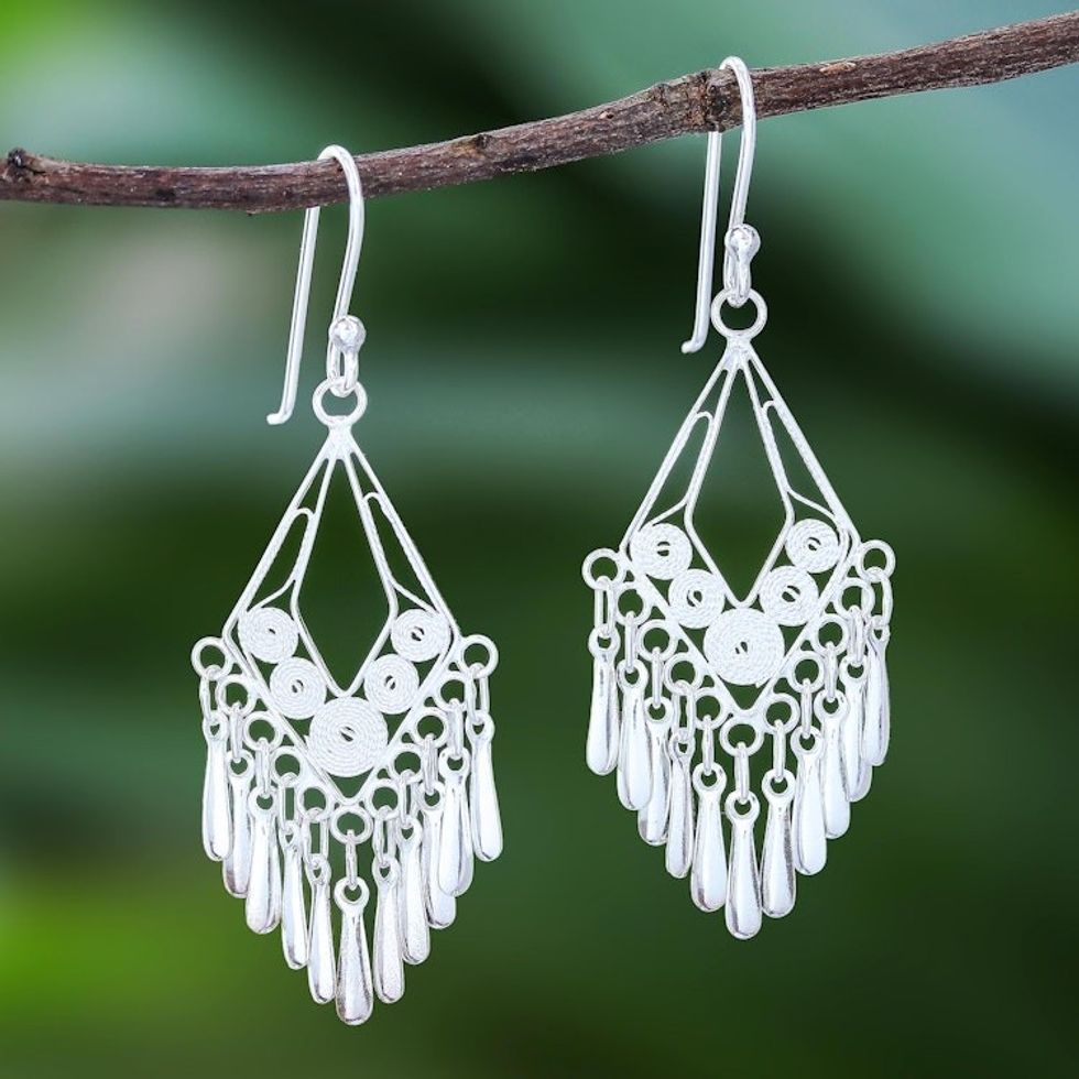 Diamond-Shaped Sterling Silver Filigree Chandelier Earrings 'Diamond Swing'