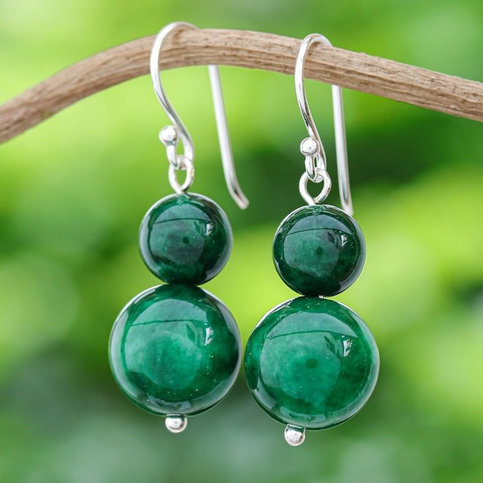 Green Quartz Beaded Dangle Earrings from Thailand 'Jungle Spheres'