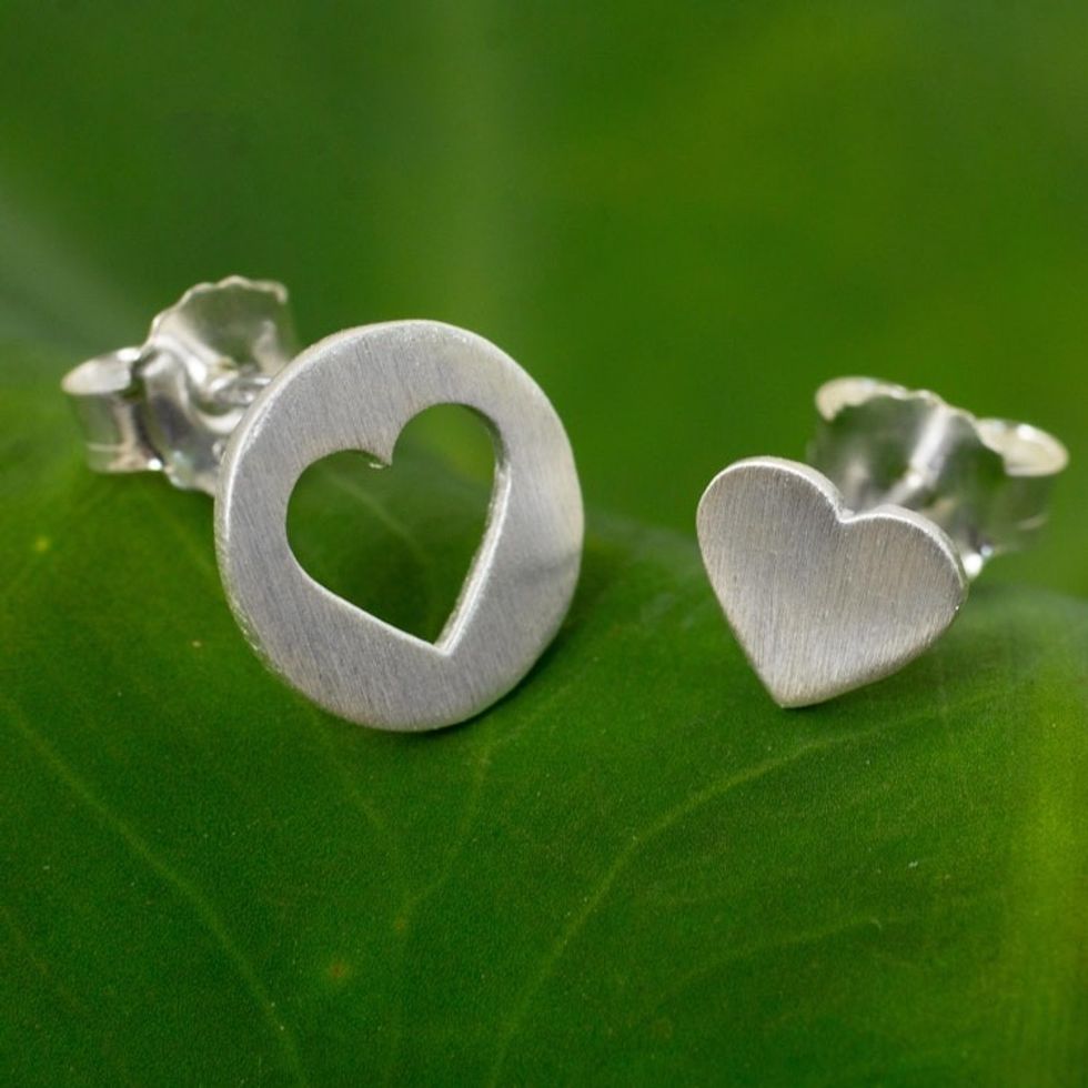 Brushed Silver Heart Earrings in Positive and Negative Space 'Heart in the Moon'