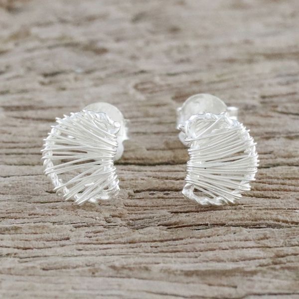 Alternate image for Thai Artisan Sterling Silver Wire Wrapped Moon Stud Earrings Unseen Moons