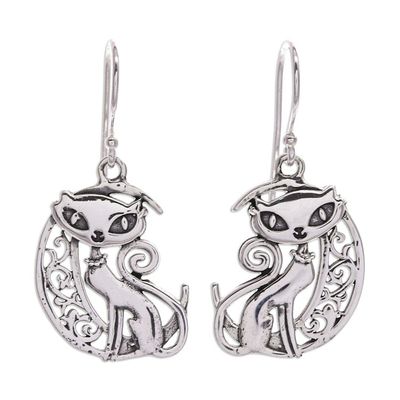 Alternate image for Sterling Silver Cat and Moon Dangle Earrings from Thailand Feline Night
