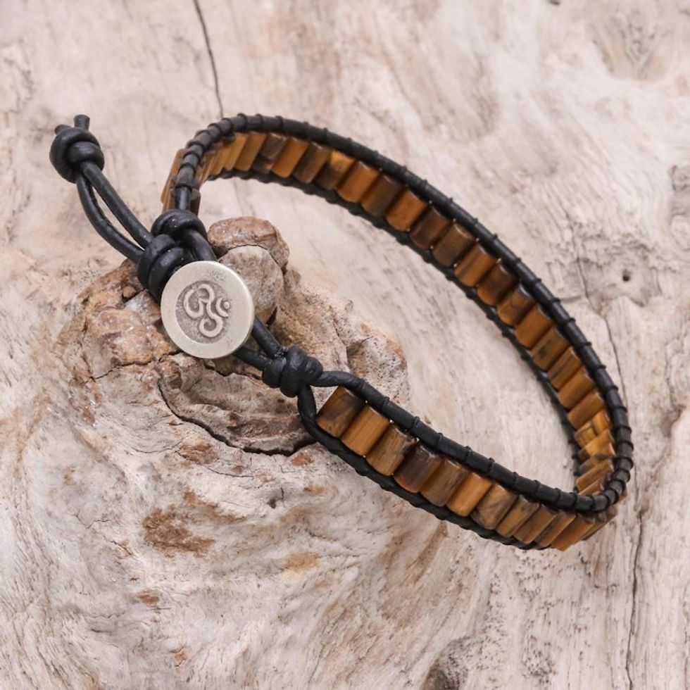 Tiger's Eye Beaded Wristband Bracelet with Leather 'Channels'