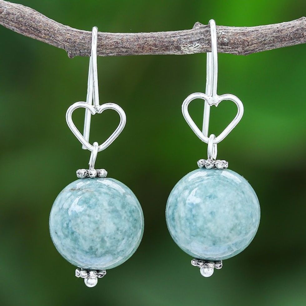 Sterling Silver and Jade Bead Heart Dangle Earrings 'Ethereal Orbs in Green'