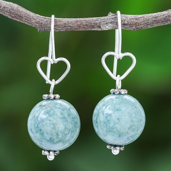 Alternate image for Sterling Silver and Jade Bead Heart Dangle Earrings Ethereal Orbs in Green