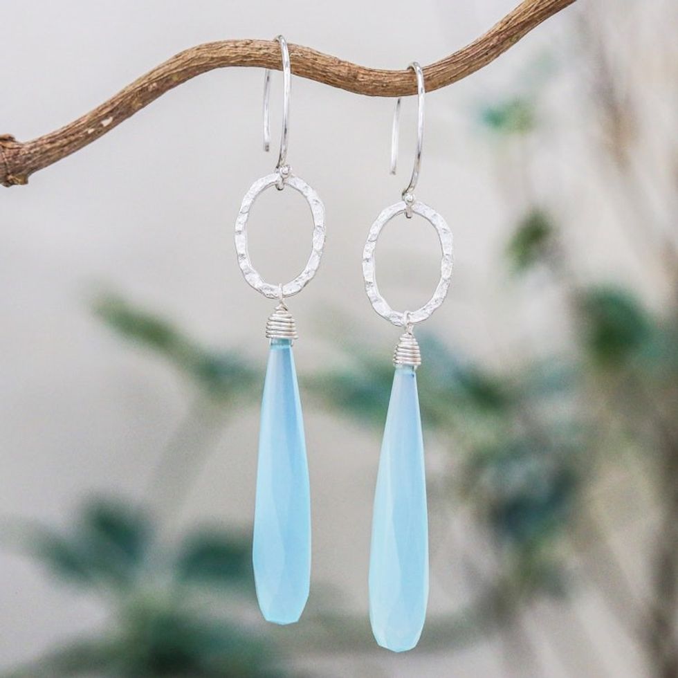 Blue Chalcedony Dangle Earrings with Hammered Silver 'Exhilarated'