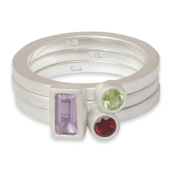 Alternate image for Unique Silver and Amethyst Stacking Rings Set of 3 Gemstone Geometry