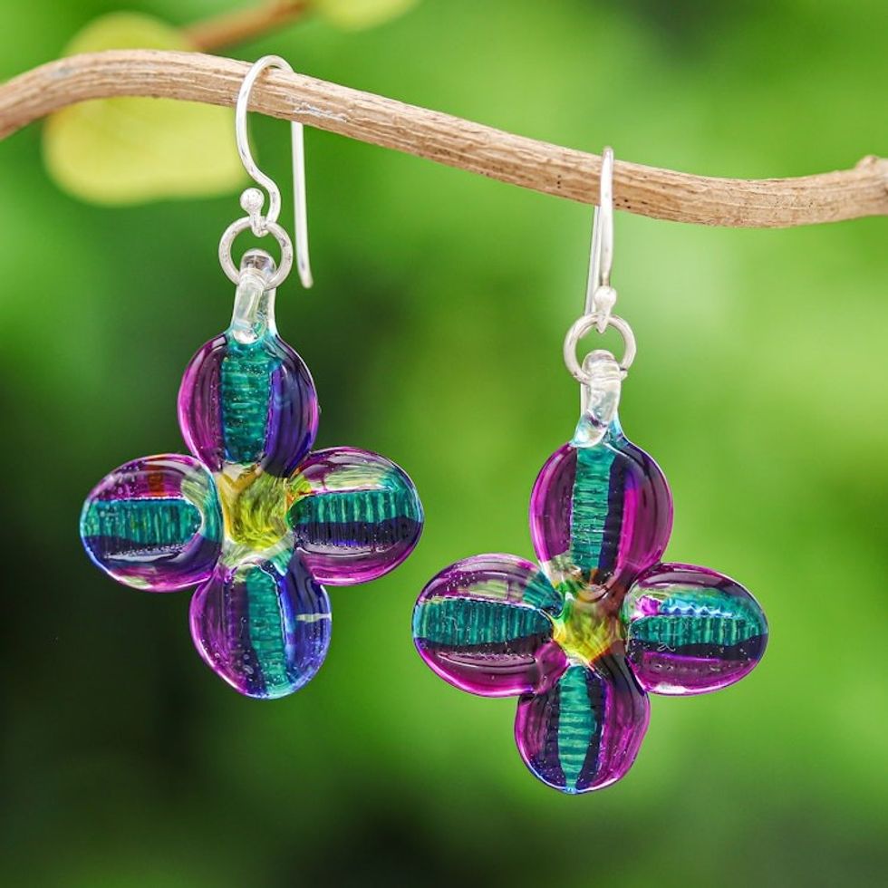 Handblown Glass Floral Dangle Earrings with Silver Hooks 'Delicate Blossoms'