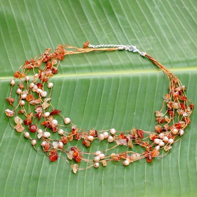 Primary image for Beaded Pearl and Carnelian Necklace Warm Shower