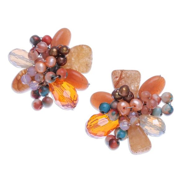 Alternate image for Quartz and Cultured Pearl Cluster Clip-On Earrings Solaris in Orange