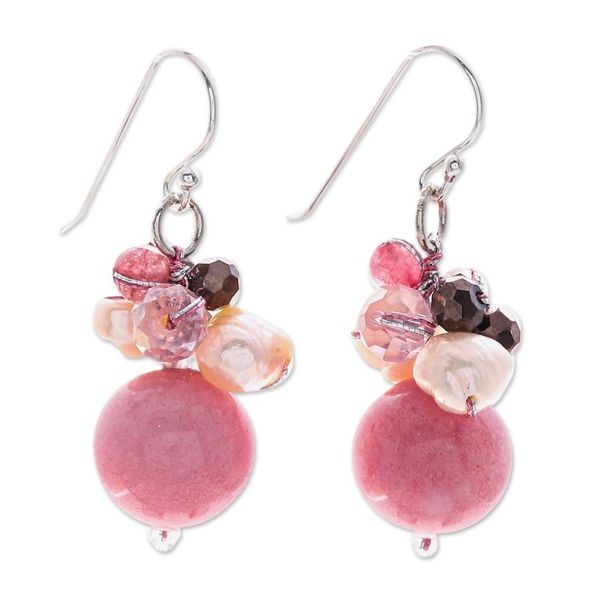 Alternate image for Pink Quartz and Pearl Dangle Earrings Crafted in Thailand Pink Summer