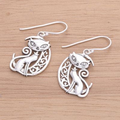 Alternate image for Sterling Silver Cat and Moon Dangle Earrings from Thailand Feline Night