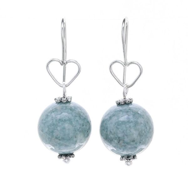 Alternate image for Sterling Silver and Jade Bead Heart Dangle Earrings Ethereal Orbs in Green