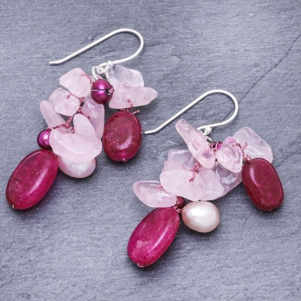 Alternate image for Rose Quartz Freshwater Pearl Dangle Earrings Magenta Balloon