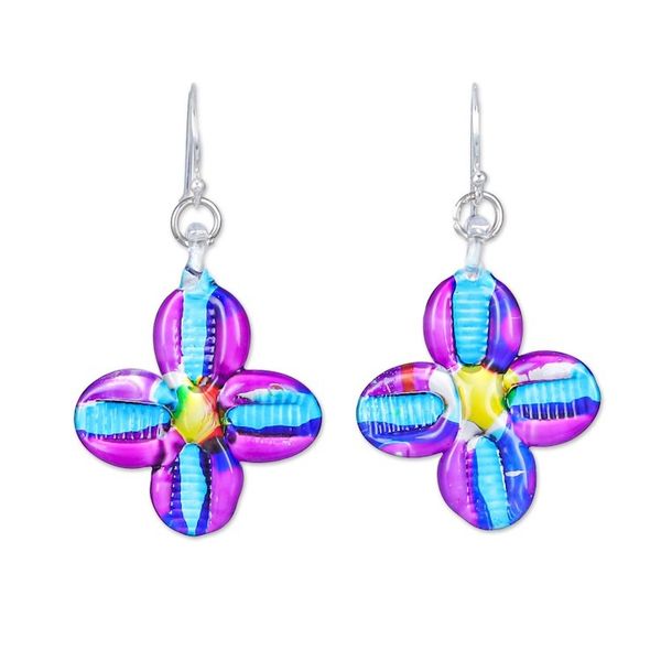 Alternate image for Handblown Glass Floral Dangle Earrings with Silver Hooks Delicate Blossoms