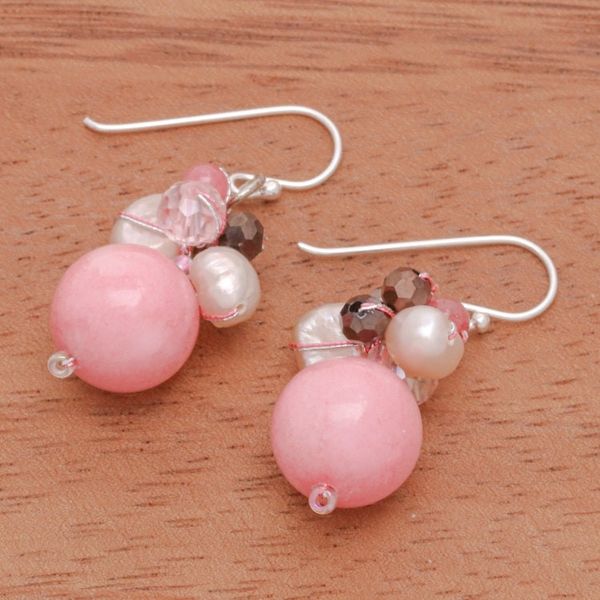 Alternate image for Pink Quartz and Pearl Dangle Earrings Crafted in Thailand Pink Summer