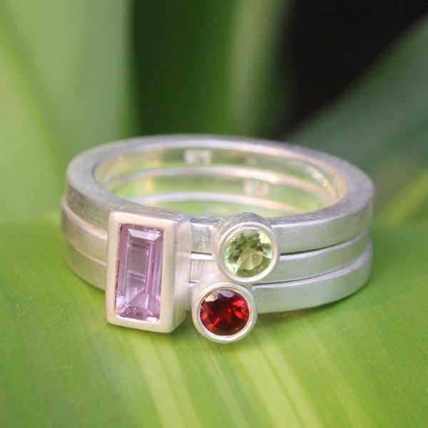 Alternate image for Unique Silver and Amethyst Stacking Rings Set of 3 Gemstone Geometry