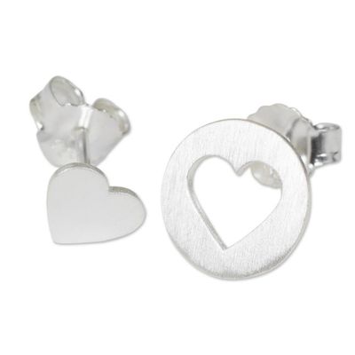 Alternate image for Brushed Silver Heart Earrings in Positive and Negative Space Heart in the Moon