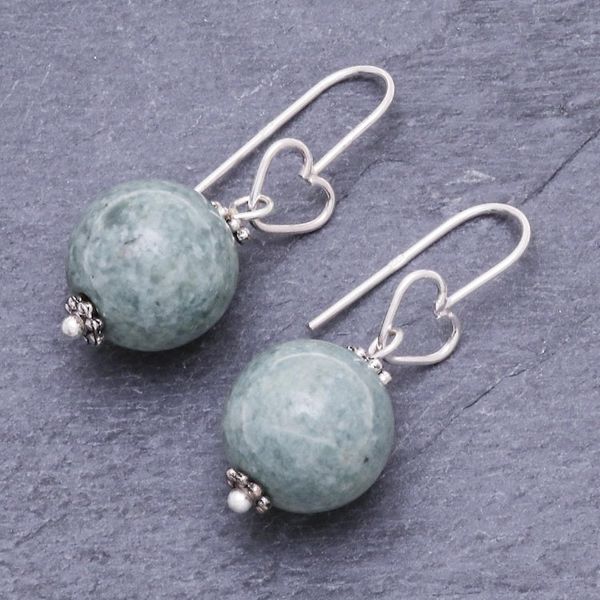 Alternate image for Sterling Silver and Jade Bead Heart Dangle Earrings Ethereal Orbs in Green