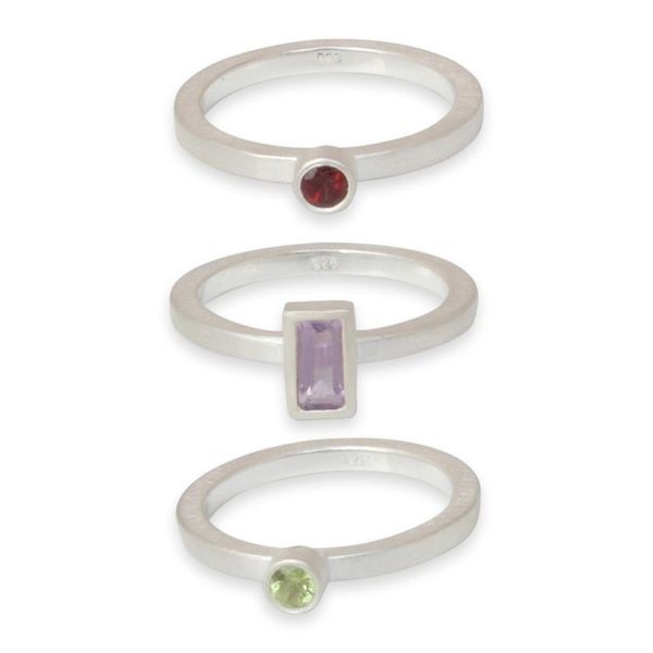Alternate image for Unique Silver and Amethyst Stacking Rings Set of 3 Gemstone Geometry