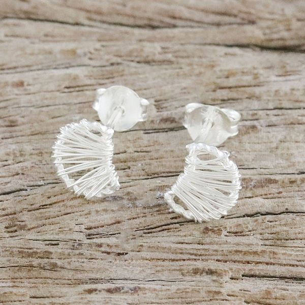 Alternate image for Thai Artisan Sterling Silver Wire Wrapped Moon Stud Earrings Unseen Moons