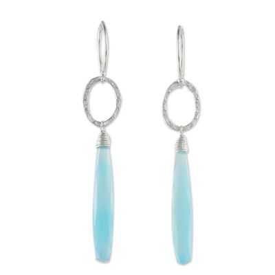 Alternate image for Blue Chalcedony Dangle Earrings with Hammered Silver Exhilarated