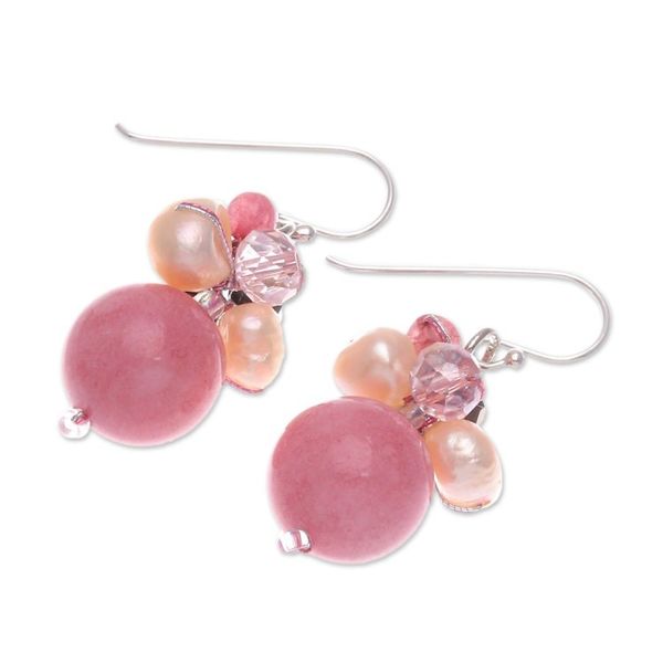 Alternate image for Pink Quartz and Pearl Dangle Earrings Crafted in Thailand Pink Summer
