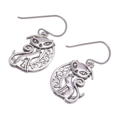 Alternate image for Sterling Silver Cat and Moon Dangle Earrings from Thailand Feline Night